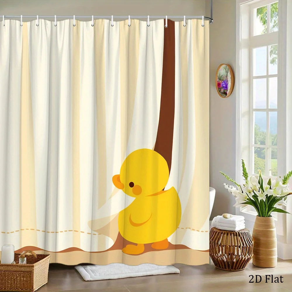 1pc a Playful Yellow Duck Shower Curtain Featuring Striped Patterns And Soft Pastel Colors, Includes 12 Hooks, Measuring 70.8 by