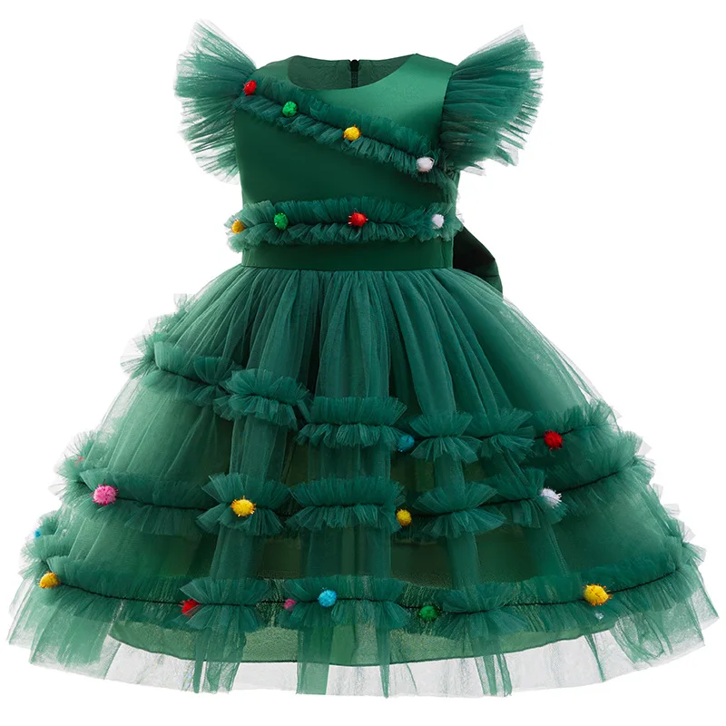 Merry Christmas Girls Dress Cute Christmas Tree Mesh Fashion Xmas Girls Princess Dress Party Costumes 2-10 Years Kids Clothes