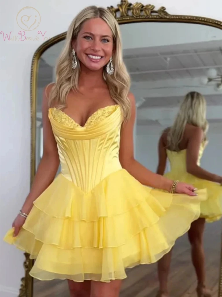 

Ruffles Chiffon Tiered Prom Dresses Short Tiered Formal Party Sweetheart Neck A Line Evening Homecoming Graduation Gowns Custom