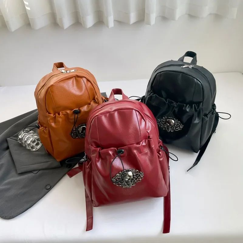 Women\'s Trendy Personality Punk Style Soft PU Leather Backpack with Metal Skull Decoration Daily Use Small Backpacks for Women