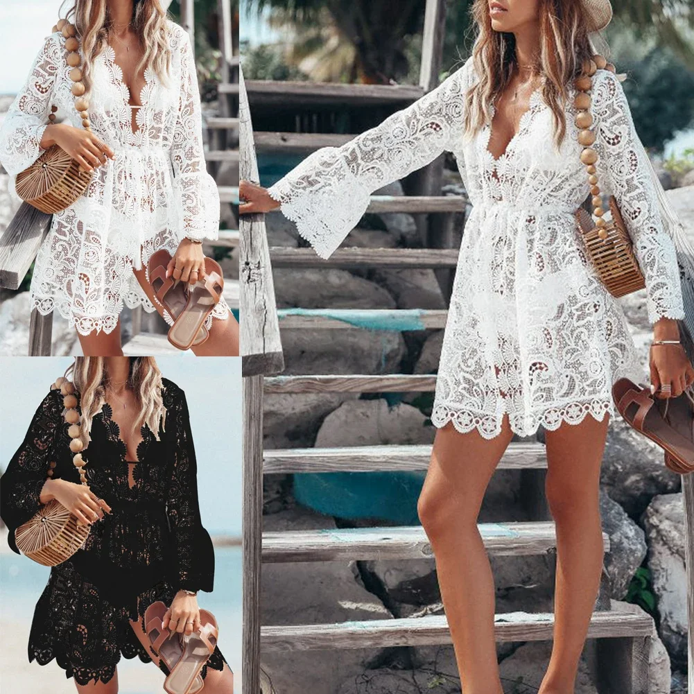 New Summer Lace Women Sexy Crochet Bikini Cover Up Floral White Black Swimwear Beach Suit Summer Dress Tops