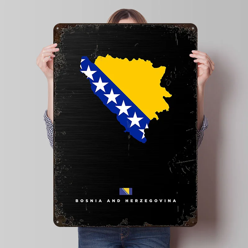 Affiche en tôle de la carte de la Bosnie-Herzégovine, art mural personnalisé, panneaux métalliques vintage, plaques rétro pour la décoration de garage, maison, domicile