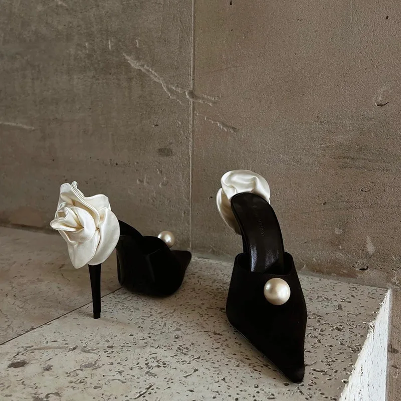 

2026 New French Satin Pearl High Heels Women Pointed Toe Stiletto Backless Sandals White Rose Elegant Party Banquet Dress Shoes