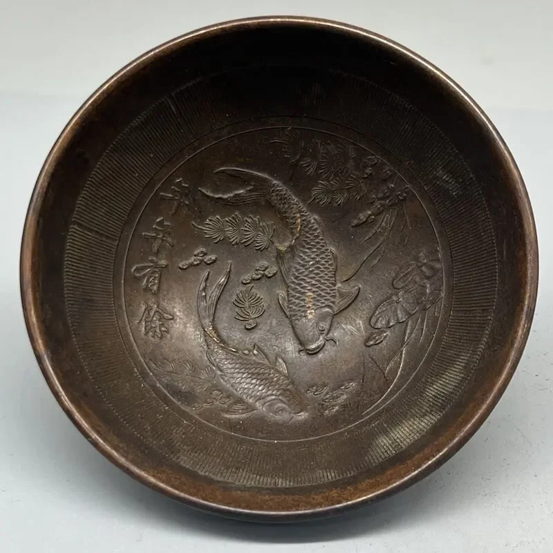 Collection Chinese Old Bronze Handmade Fish Statue Bowl Cup Home Decoration