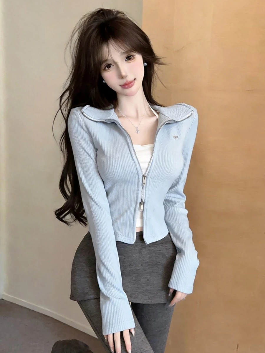 Elegant Double Zipper Neck Long Sleeve T-Shirt Korean Style Slim Fit Straight Leg Single Wear Short Top for Young Women