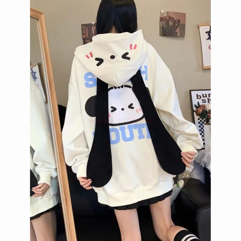 2023 new Sanrio Pochacco Cute Anime Long Ears Cardigan Hooded Hoodie Women\'s Winter New Loose Sweet Zip Up Coat Christmas gifts