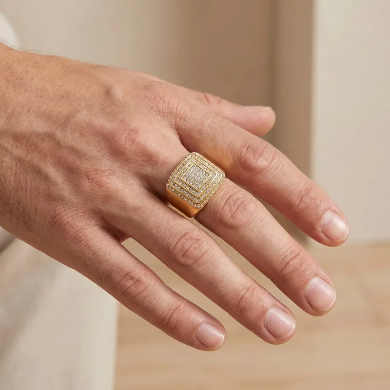 Kalen Herrenring, größer, quadratisch, hochwertig, mit CZ-Kristallen, Edelstahl, Schmuck, männlicher Charme, Fingerring, Damen-Accessoire – Detail 5