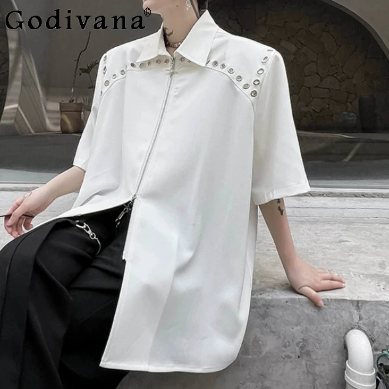 

Summer Double Zipper Shoulder Padded Short Sleeve Handsome Men Shirts Korean Loose Personalized Turn-down Collar Leisure Shirt
