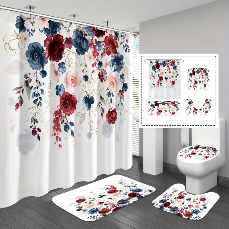 1/4PCs watercolor floral pattern shower set, waterproof bath curtain with 12 hooks, U-shaped, toilet cover mat, l-sh