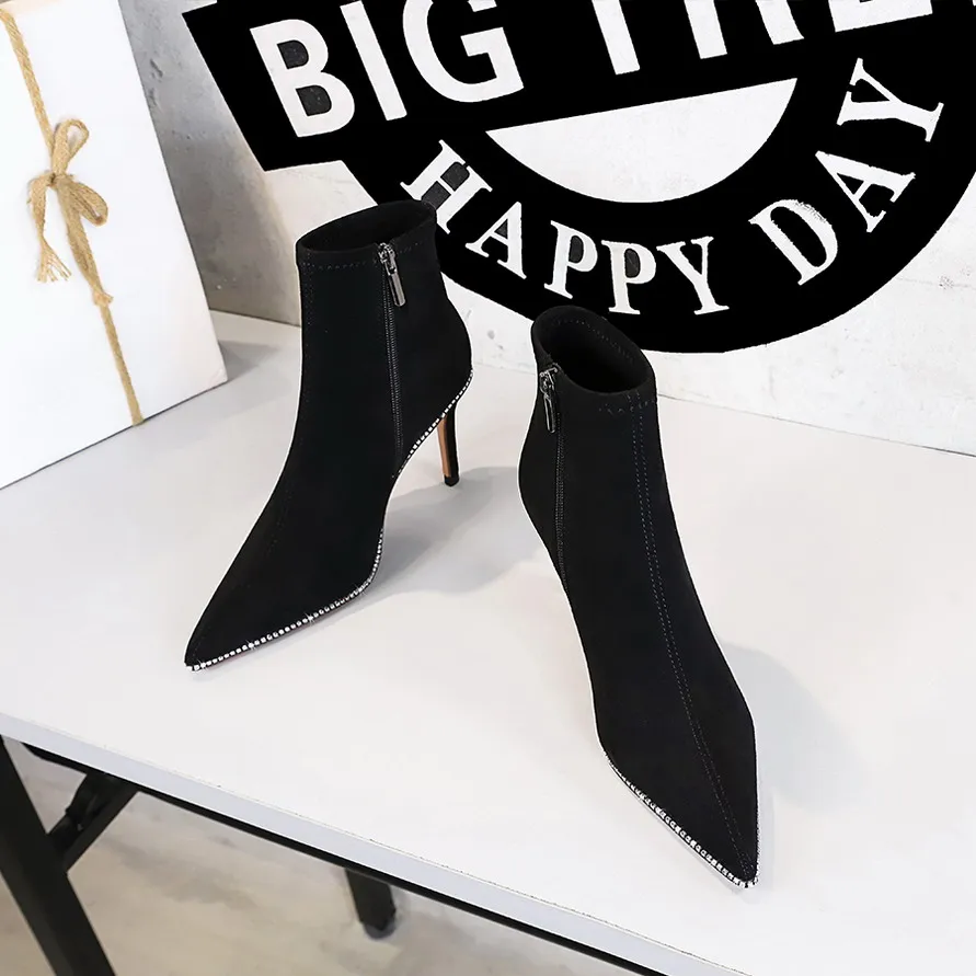 BIGTREE Shoes Pointed Toe Women Ankle Boots Suede crystal border Boots Women Stiletto High-heel Boots Short Plush Winter Boots
