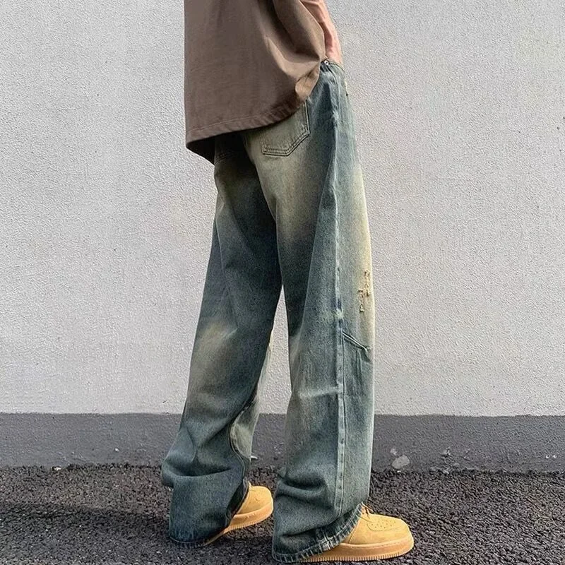 Men Floor Length Pant Jeans Denim Wide Leg Pants Loose Casual Pocket Straight Trousers High Waist Splice Autumn Winter 2024