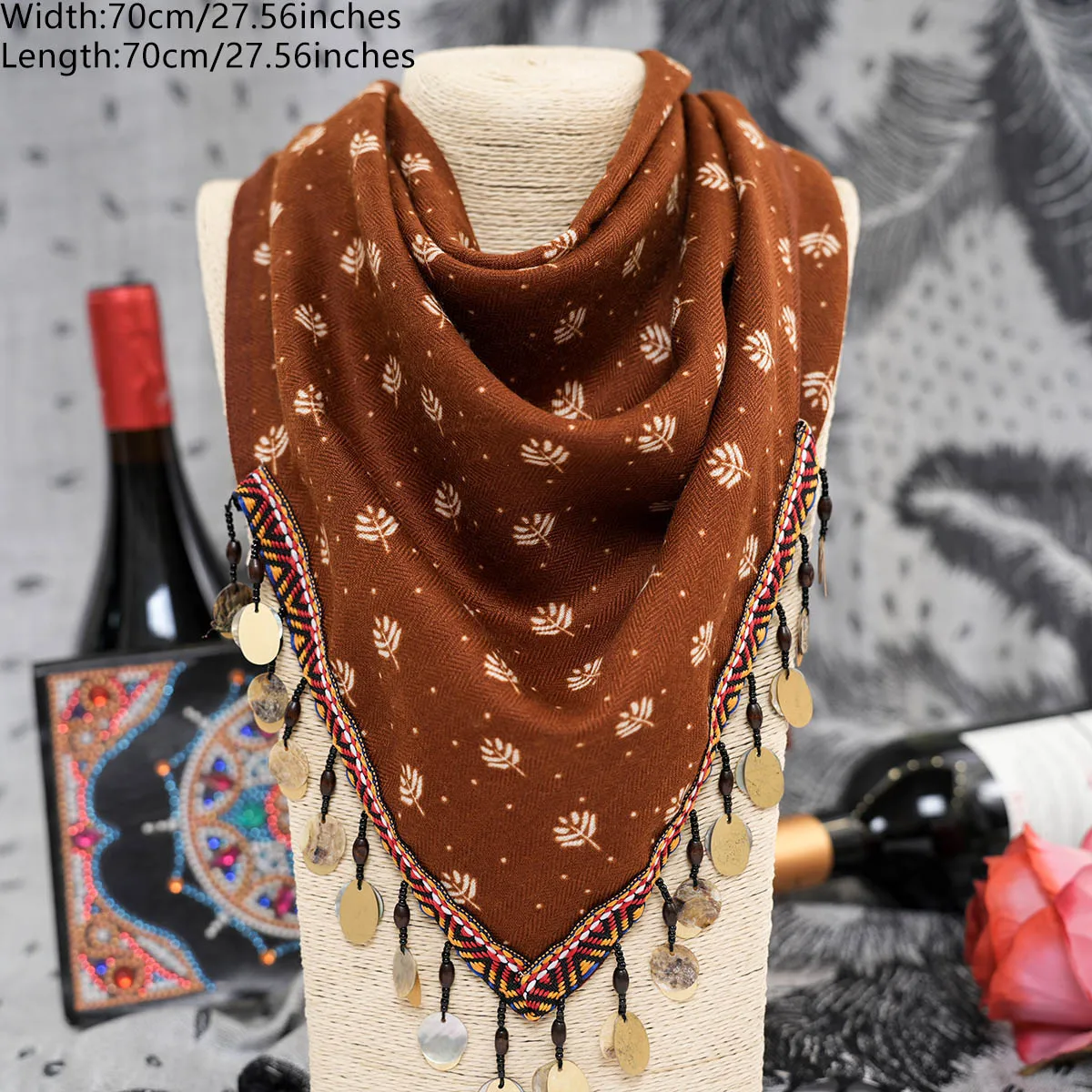 Fashionable everyday women\'s bandana cotton and linen square scarf shell pendant tassel leaf print square scarf