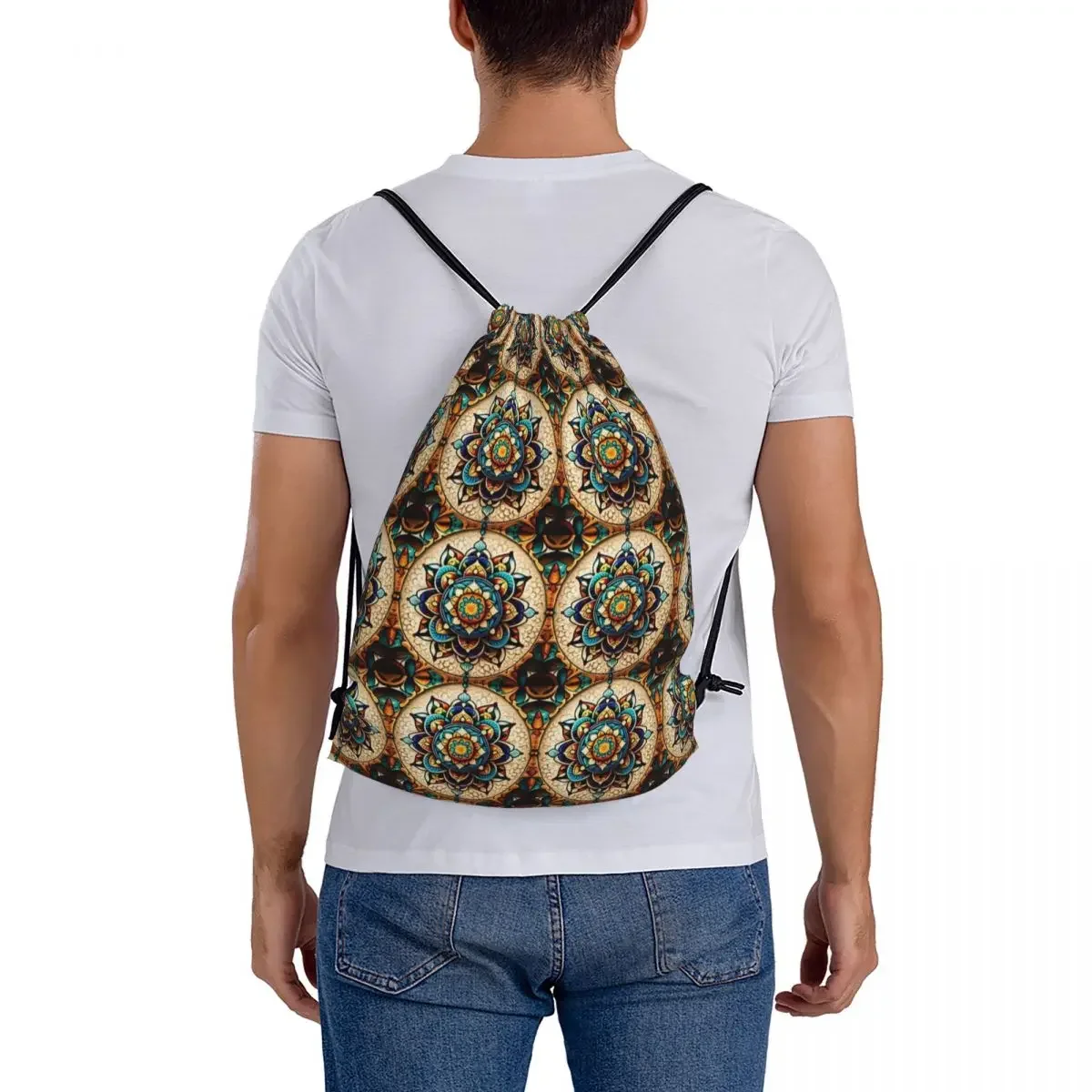 Mochilas Padrão Mandala Portátil, Sacos De Cerâmica De Azulejo, Pacote De Cordão, Saco De Sapatos De Bolso, Bookbag para Viagem, Escola