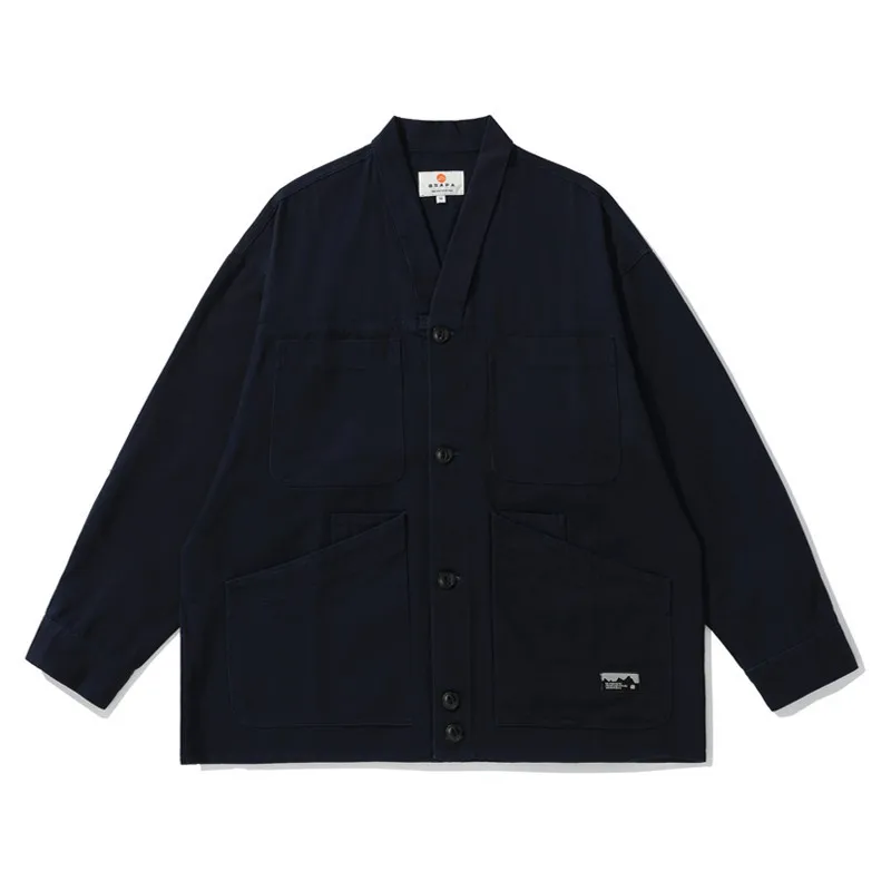 Japanese Vintage Amekaji Denim Kimono Jacket - Unisex Streetwear Loose Collarless Utility Pockets Workwear Coat Spring Autumn