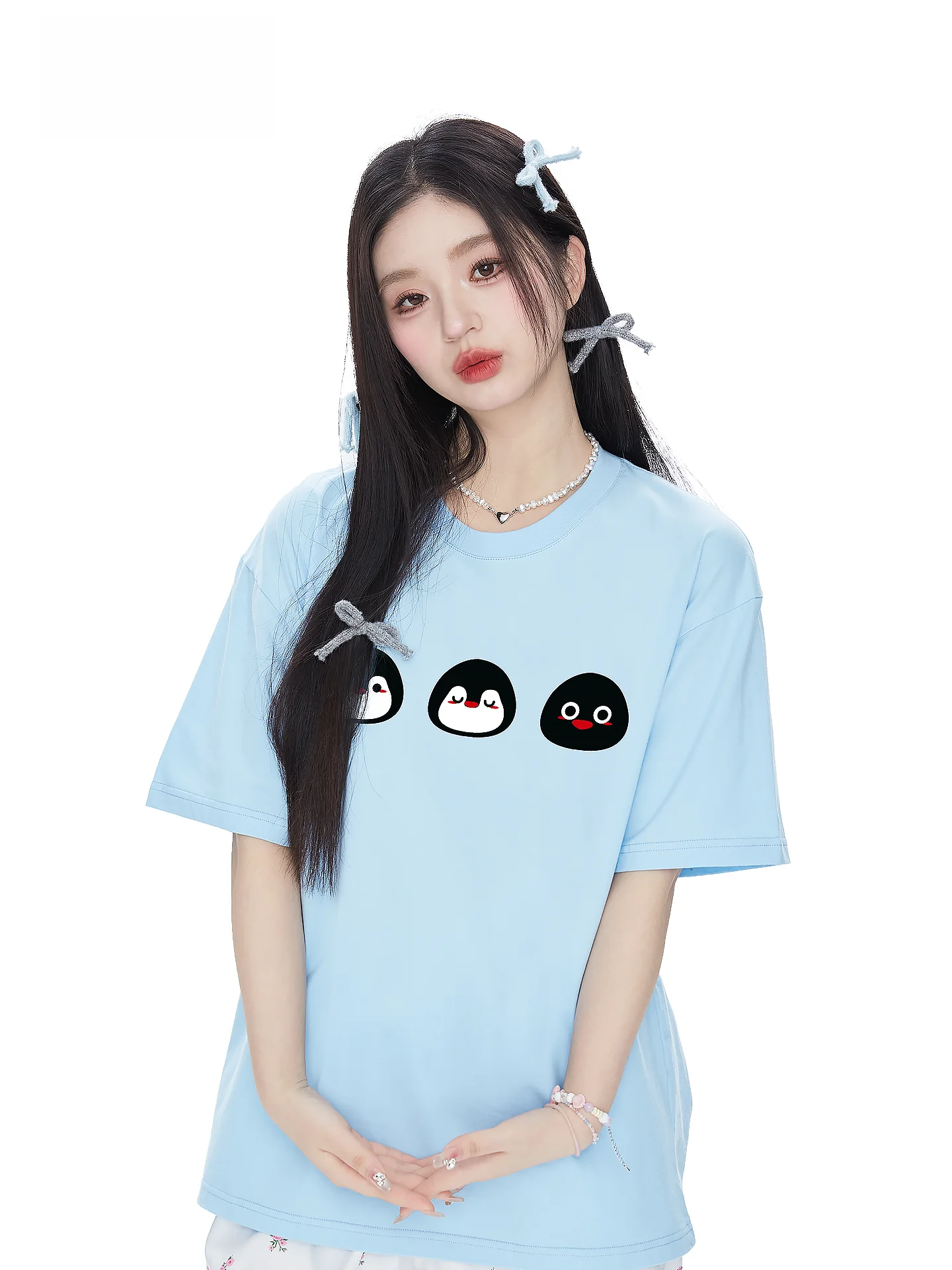 

Korean Style Loose Fit Pure Cotton Short Sleeve T-Shirt Women's Summer Slimming Penguin Print Top Casual Commute Fashion