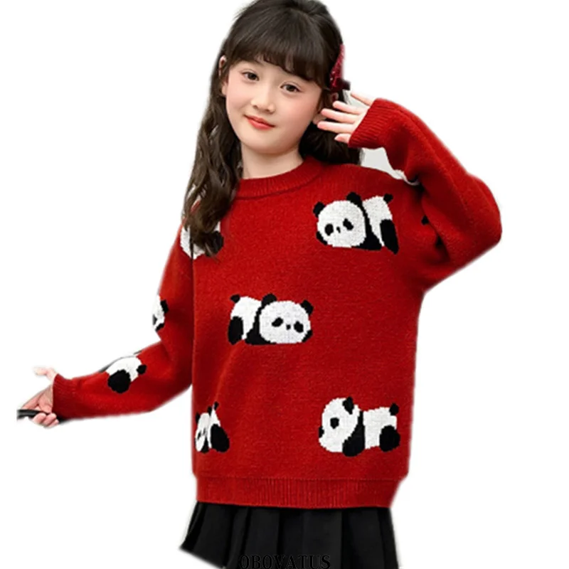 

Cute Child Red Panda Sweater For Girls Fashion High Street Knitwear Kids Princess Spring Knitted Clothing with Cartoon Panda