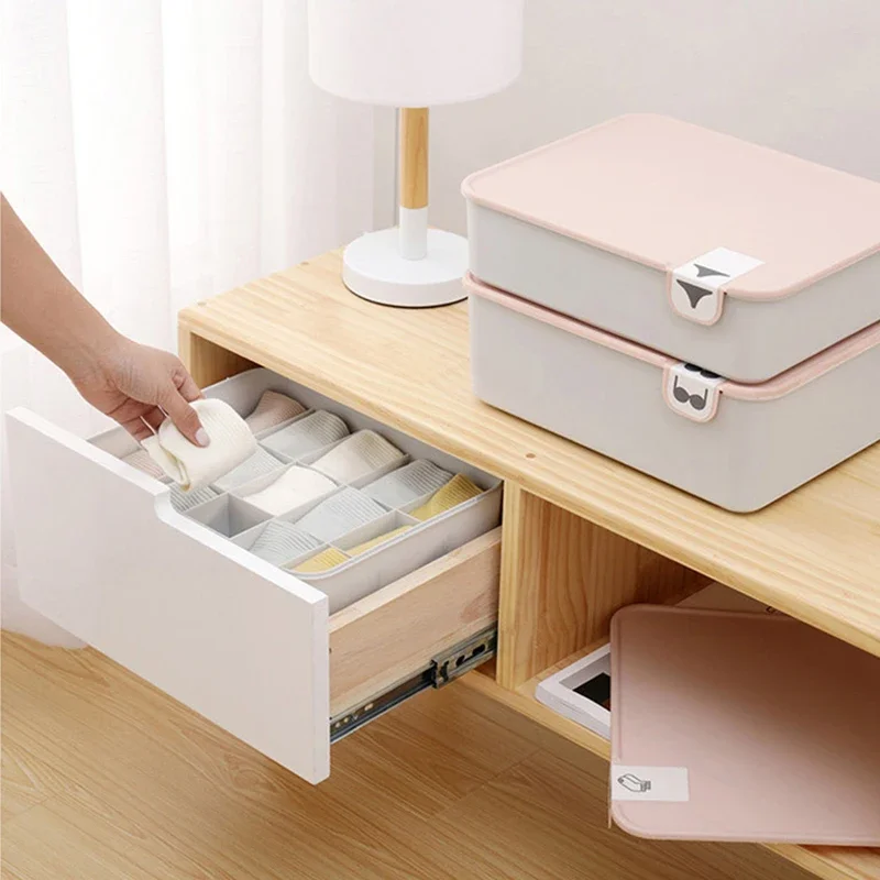 1/10/15 Grid Plastic Underwear Storage Box with Mark Closet Organizer Drawer for Underwear Socks Box Bra Organizer with Cover