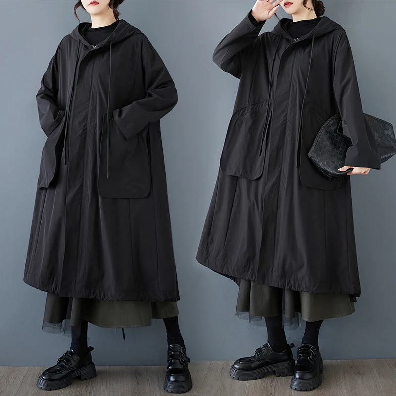 

Spring Autumn Large ket Hooded Windbreaker Women's Faion Loose Long Coat Trendy Polyester Fiber Zipper Closure Pure Color