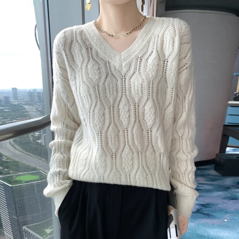 2025 Autumn and Winter New Women's 100% Woolen Sweater Seven-Pin Twisted V-neck Slim Fit Sweater Thermal Knitting Pullover