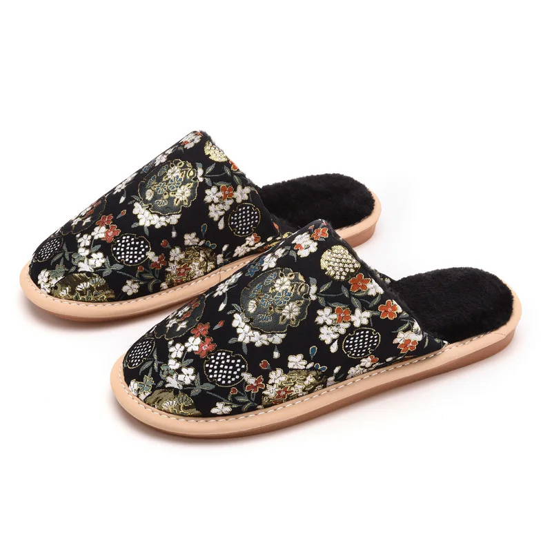 Embroidery Flowers Chinese Style Women Man Slippers Winter Short Plush Female Slippers Soft Bottom Anti Slip Woman Indoor Shoes