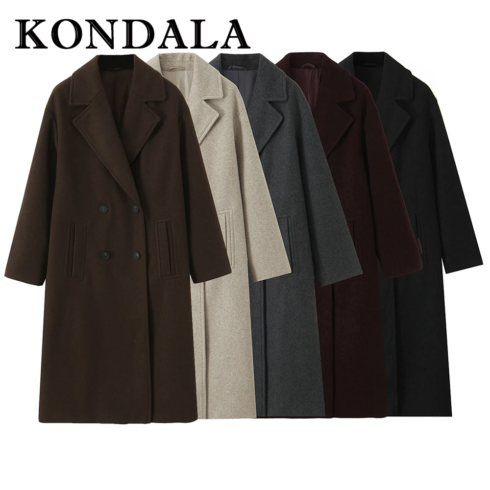 KONDALA Vintage Autumn Grey 2025 Chic Fashion Elegant Woman Coats Double Breasted Loose Long Outwear Female Pockets Chic Coat