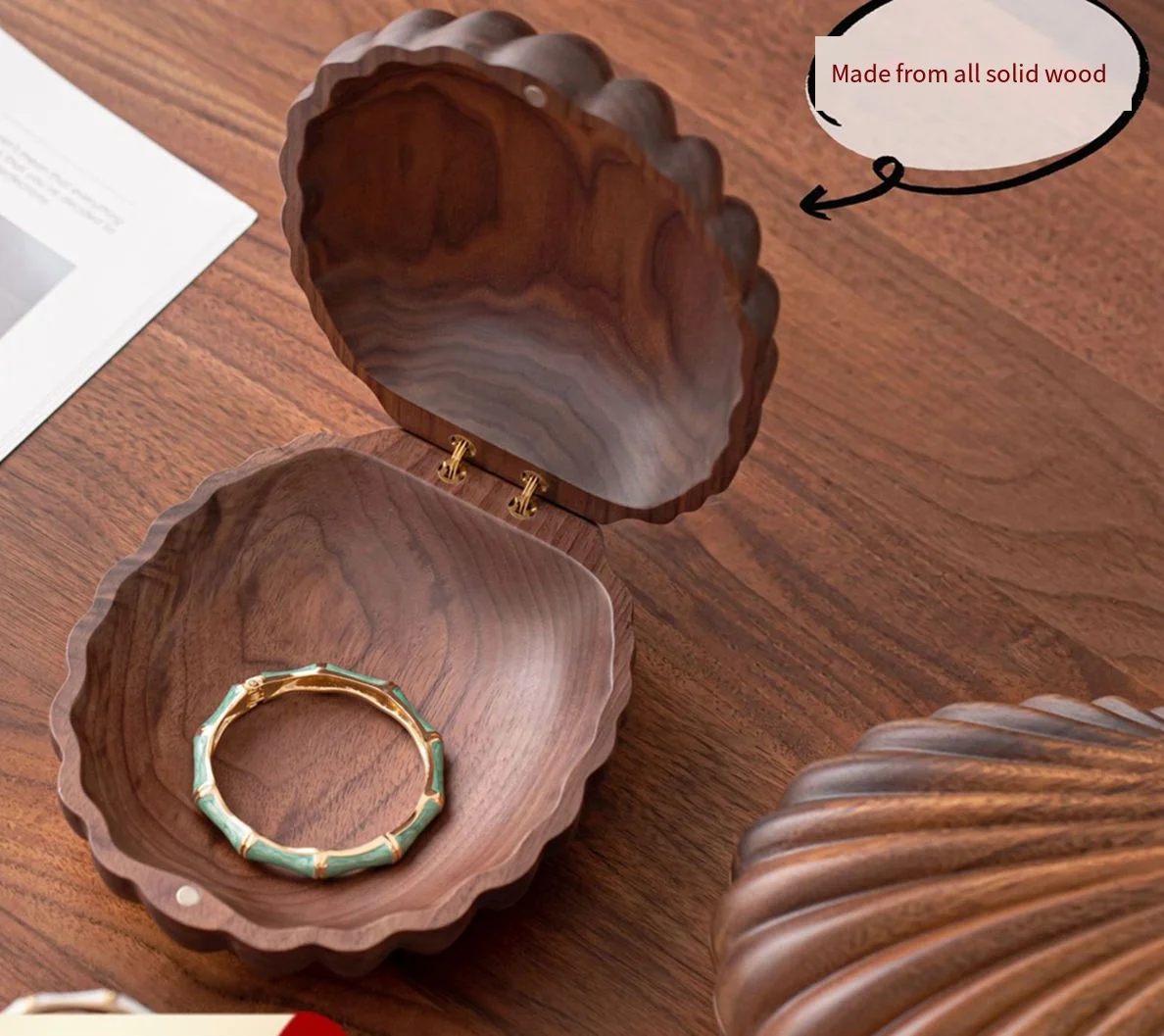 Carved Shell Shape Walnut Wood Trinket Storage Box, Luxury Minimalist Jewelry Key Holder For Entryway Table Female Gift