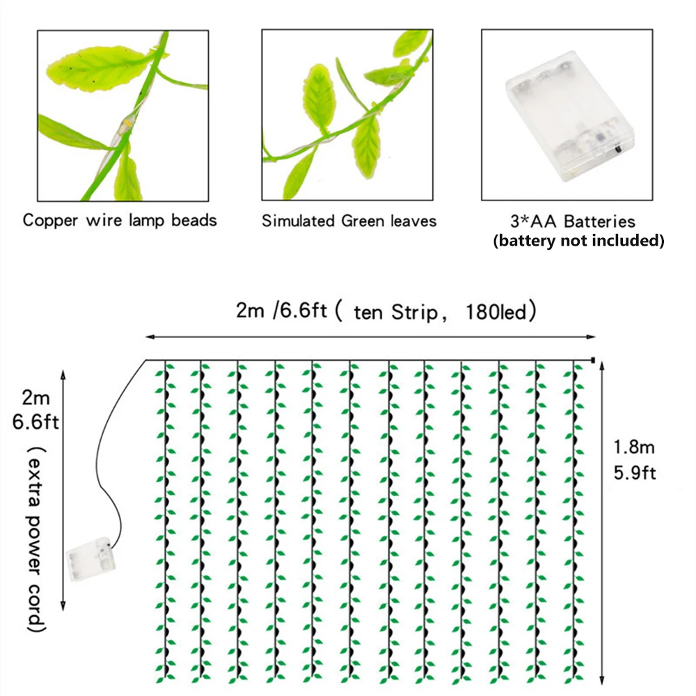 Imagem -03 - Guirlanda de Luz Led para Decoração do Jardim 180 Led Usb Hera Artificial Videira Bateria Cortina de Fadas Parede Festa