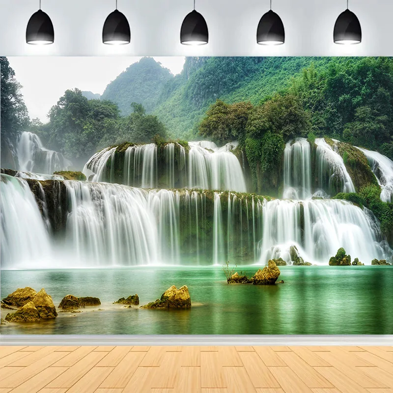 

Fresh Blue Natural Waterfall Beauty Lake Photography Backdrops Grass Landscape River Beach Park Cove Photo Background PB-04