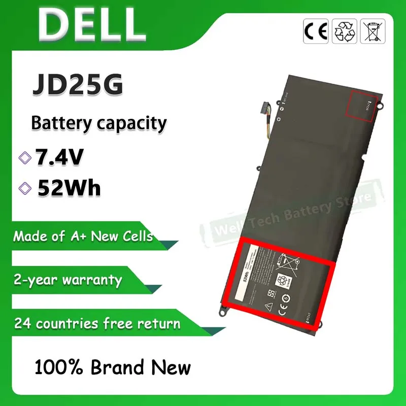 JD25G 90V7W JHXPY Laptop Battery 7.4V 52Wh For XPS13 9343 9350 90V7W RWT1R 0N7T6 5K9CP