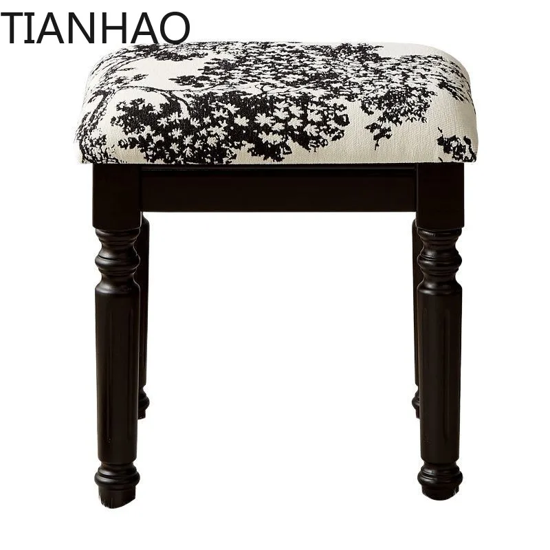Black retro makeup stool Internet celebrity light luxury dressing stool bedroom solid wood leather French antique ash wood makeu