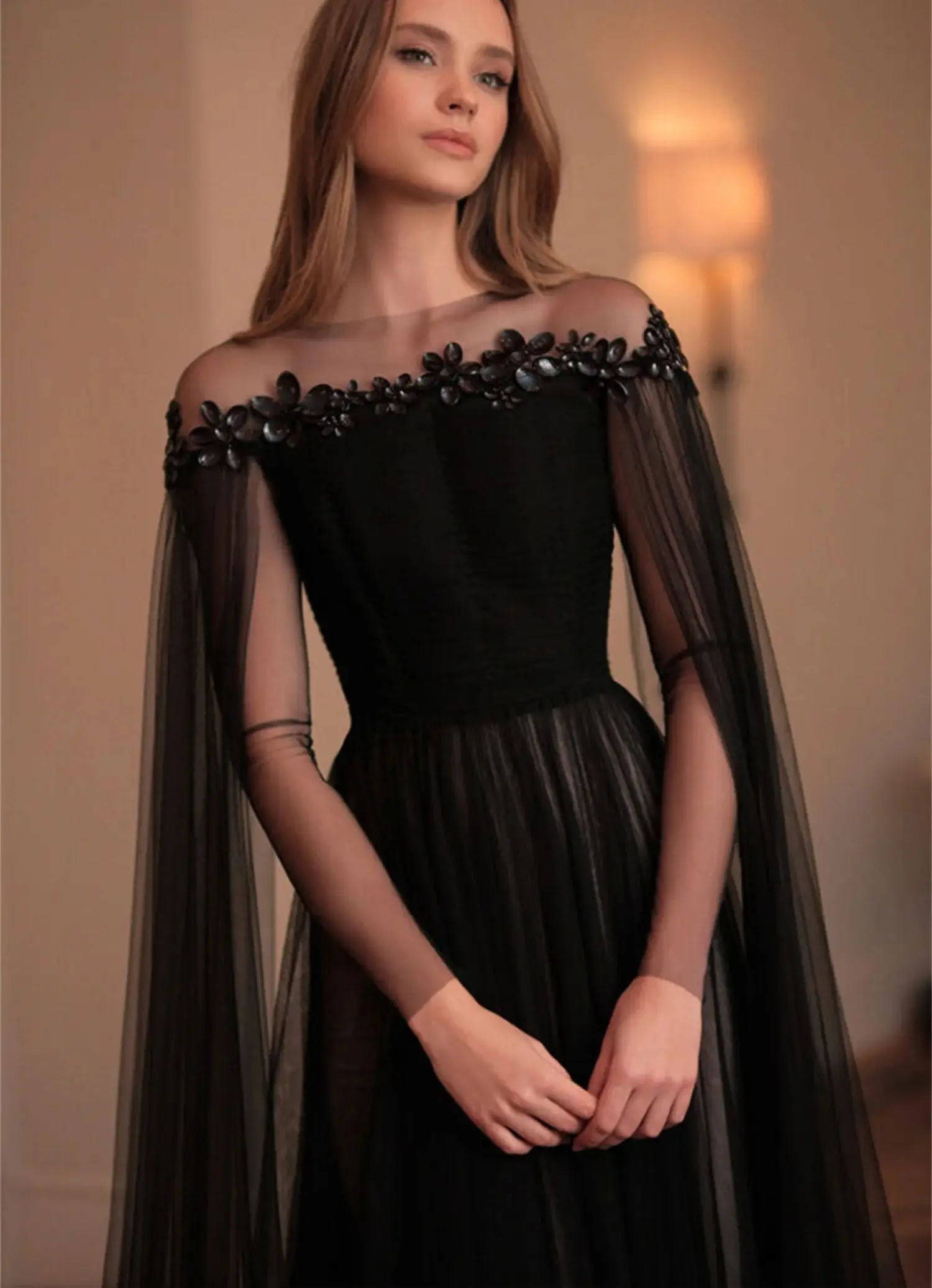 Aileen Black Flowers A-line Shawl Women Evening Dress Evening Dress Stylish Wedding Customized Dresses 2024 Ball Gowns Party