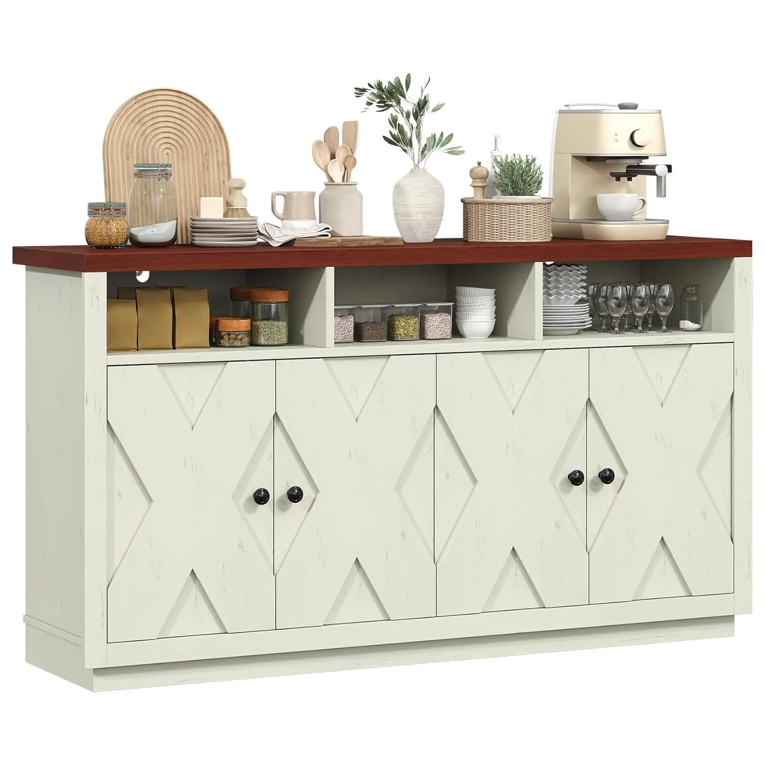 

Farmhouse Buffet Cabinet with Storage, Coffee Bar Cabinet with 3 Open Compartments, 59'' Large Kitchen Storage, Customized
