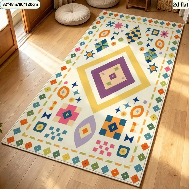 Bohemian Style Playful Colorful Diamond Star Geometric Pattern Carpet Washable Carpet Non-Slip Indoor Living Room Bedroom Home Floor Carpet