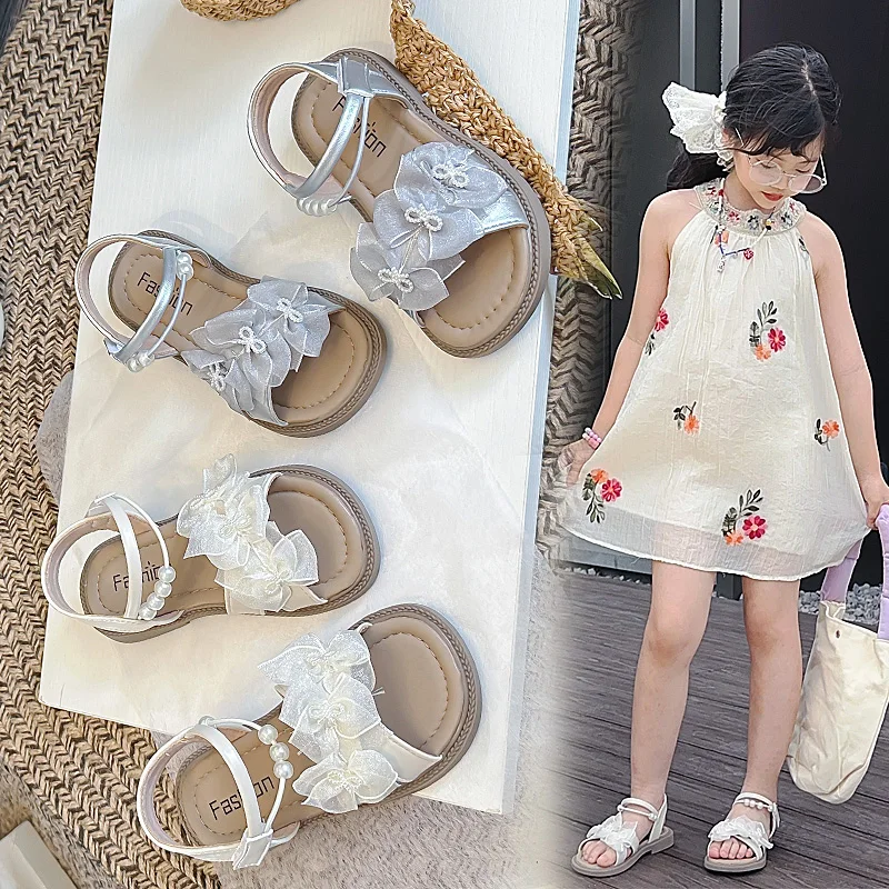 Mumoresip Sommer-Flachsandalen für Kinder, für Prinzessinnen, Lolita, modische Mädchen-Kleiderschuhe, rutschfeste Kinder-Schulsandalen mit offener Spitze und Spitze