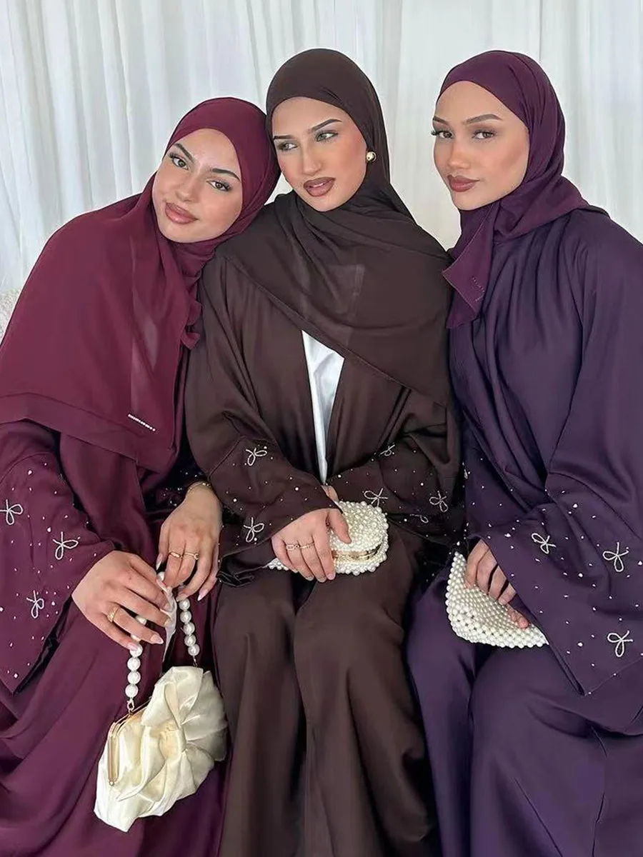 

Women Ramadan Eid Dubai Abaya Luxury Muslim Beading Bow Kimono Cardigan Dress Kaftan Robe Femme Islam Prayer Clothing Kebaya