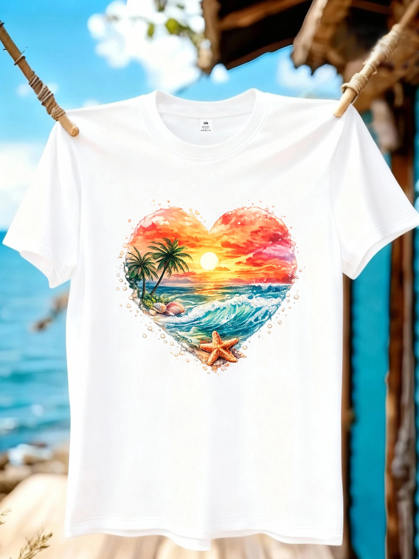 

【WZM1041190】Летняя женская футболка больших размеров с пляжным принтом, круглым вырезом, короткими рукавами, в уличном стиле, универсальная, для повседневной носки.