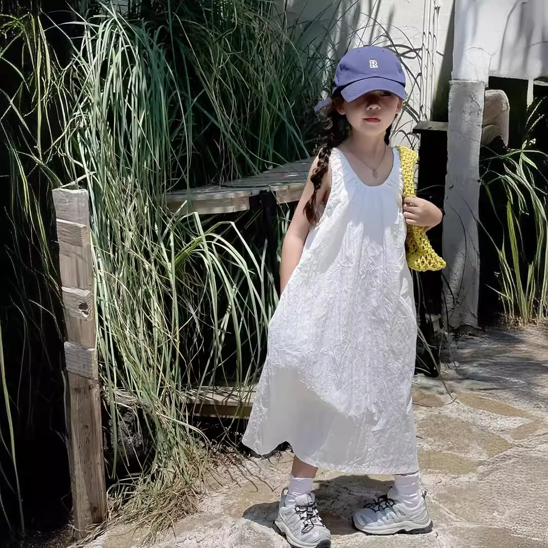 Children Clothing Girls French Style V-neck Design Sense Loose Sleeveless Dress Summer Backless Solid Color Sweet Girls Dress