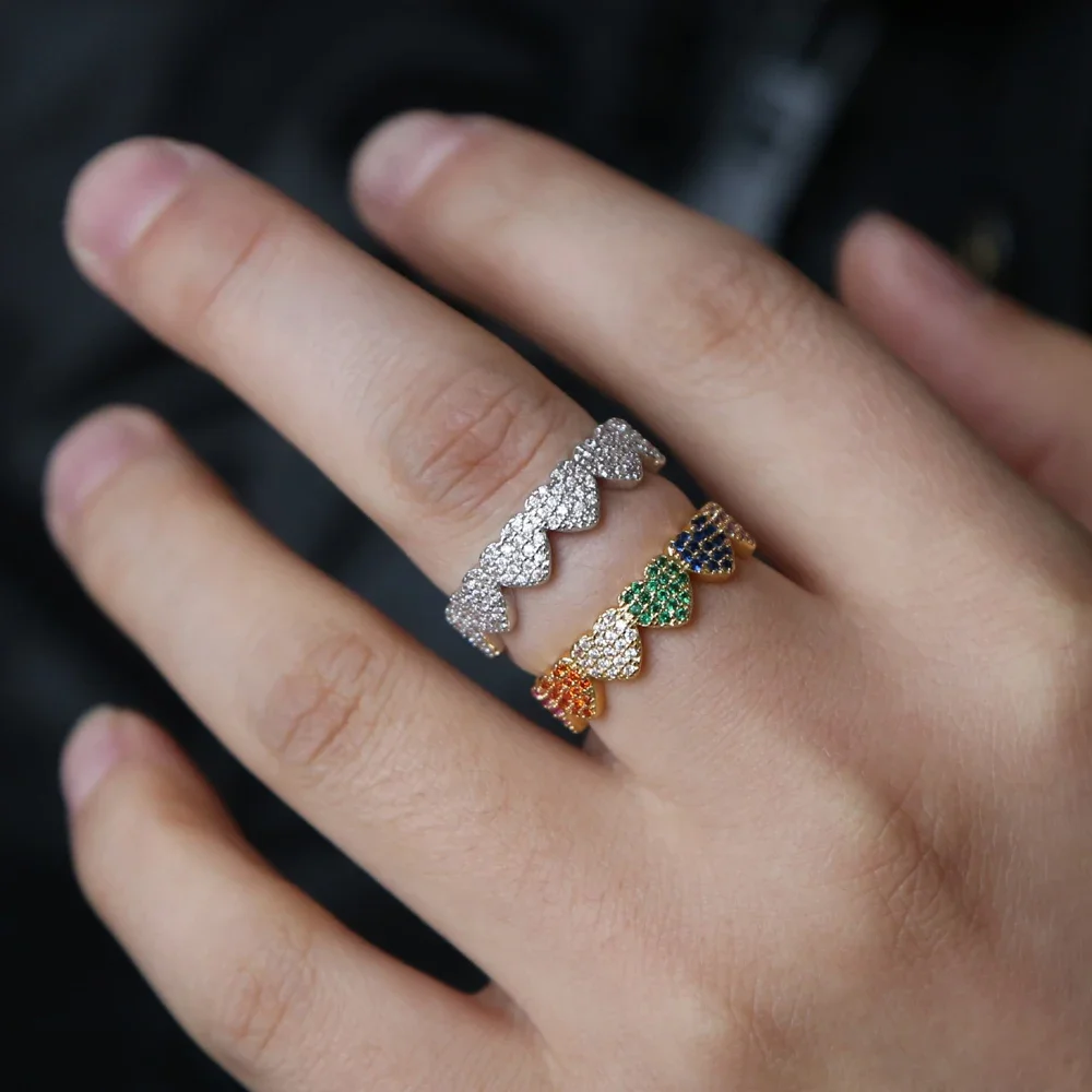 Multicolor Rainbow Cz Gold Color Heart Link Finger Rings Us Size 6 7 8 Fashion Women Jewelry Gift