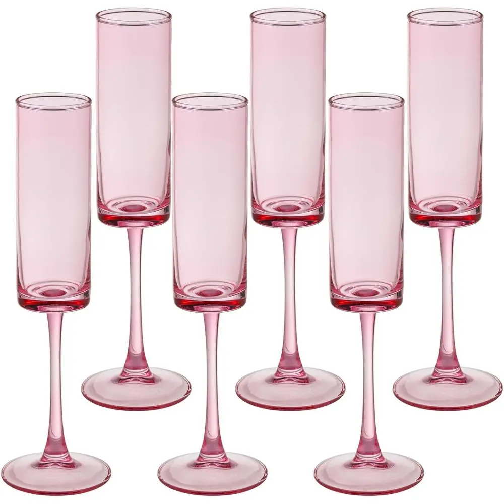 

6 Pieces Pink Champagne Flutes 6 OZ Straight Sided Wine Glasses Set of 6 Hand Blown Goblets for Wedding Cocktail Cups, Cava, Pro