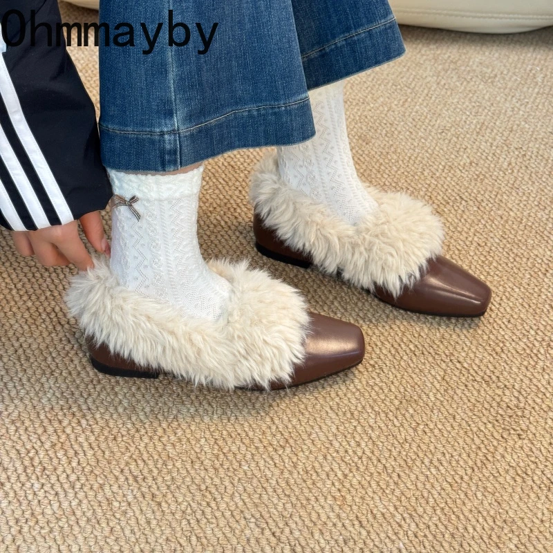 2026 Spring New Women Faux Fur Mary Jane Shoes Fashion Shallow Slip On Leather Shoes Female Elegant Low Heel Dress Pumps view 4