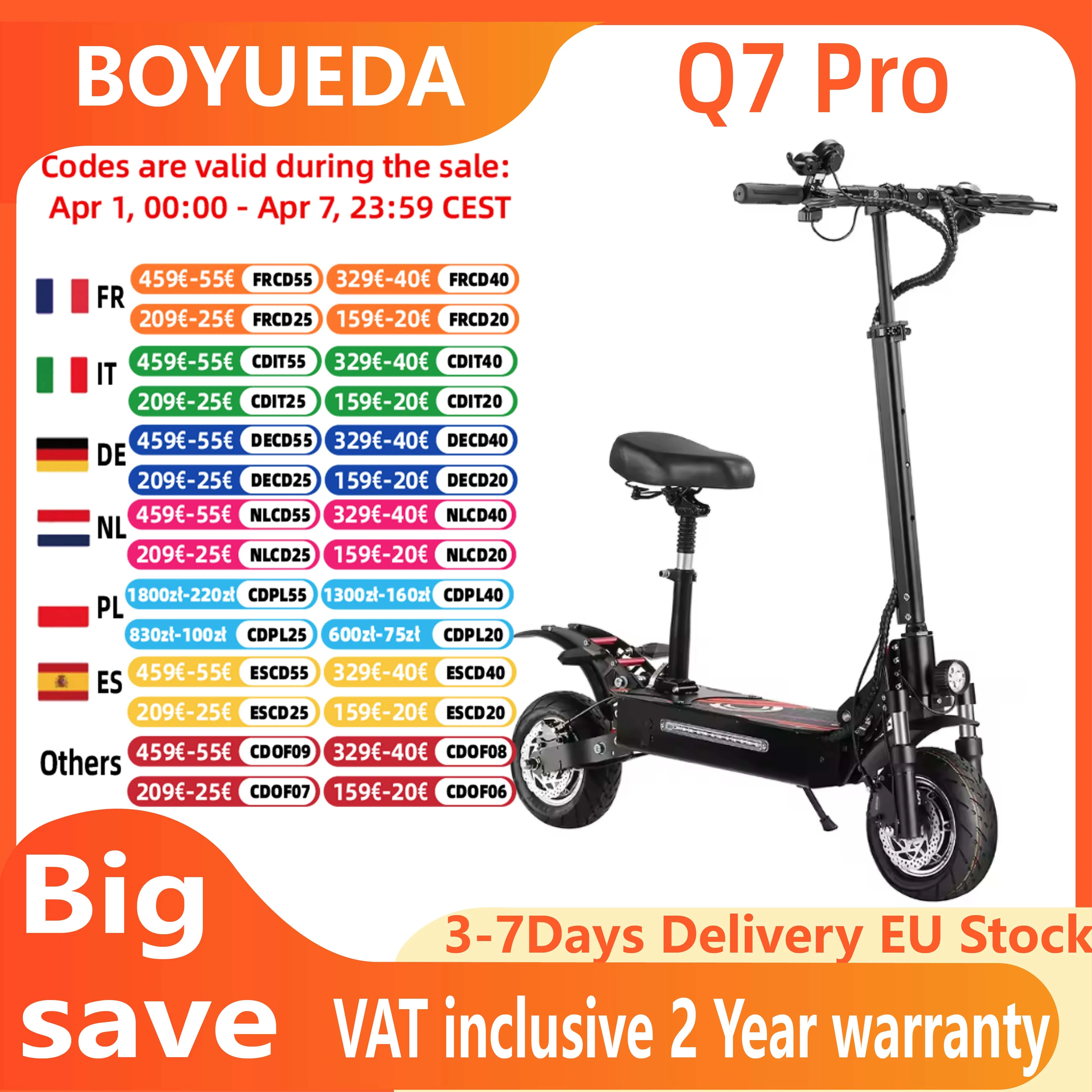 Trottinette électrique adulte BOYUEDA Q7Pro, double moteur 2*1600W, batterie 52V19AH, pneus de 10 pouces, trottinette électrique tout-terrain haut de gamme