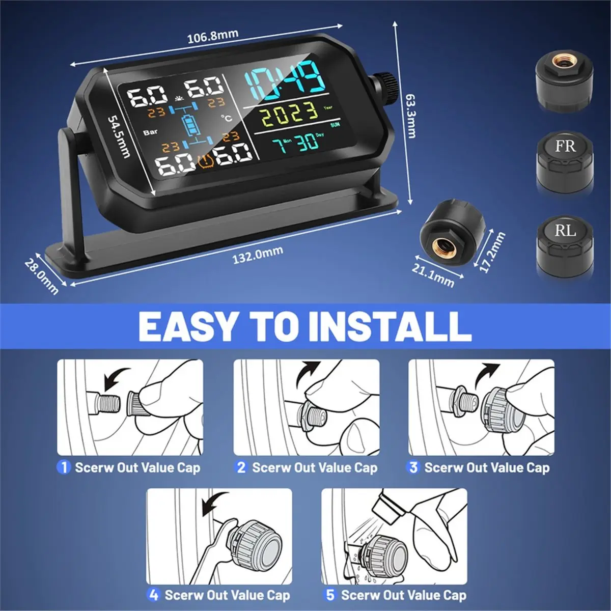 Compatible T13 Solar Power TPMS Tire Pressure Monitoring System with 4 External Sensors Car Tire Pressure Monitoring Device