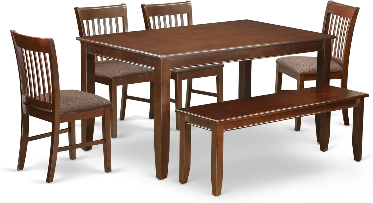 6 Piece Kitchen Set Contains a Rectangle Table and 4 Linen Fabric Dining Chairs with a Bench, 36x60 Inch, Mahogany