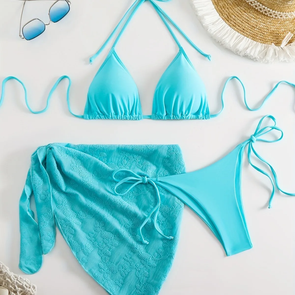 Sexy Solid Color Bandage 3Pcs Triangle Bikinis Set Women Three-Piece Swimwear Beach Swim Wear Bathing Suits Brazilian Bikini