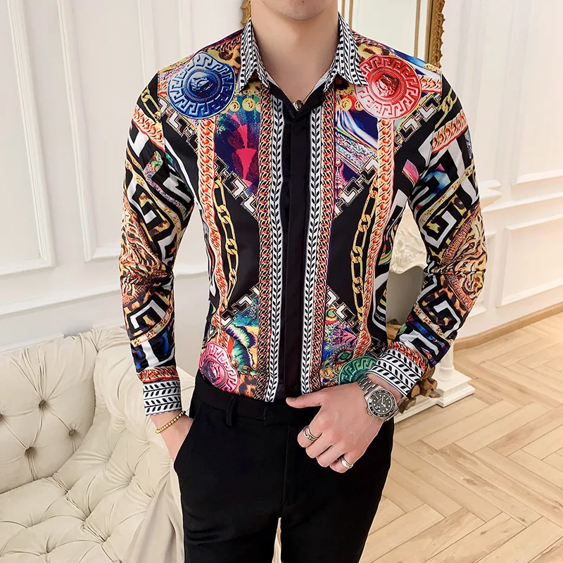 

2022 Fall Men's Retro Printed Long Sleeve Shirt New Fashion Slim Fit Shirt Casual Club Shirt Men Camicia Uomo/ mens shirt