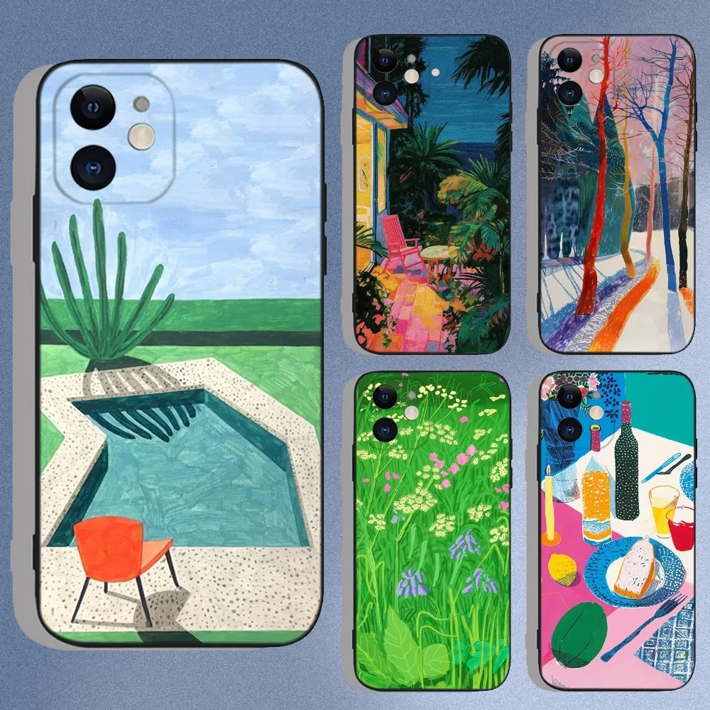

Art D-David Hockney Phone Case For iPhone 16e,16,15,14,13,12,11,XS,XR,X,8,7,Pro,Max,Plus,Mini Silicone Black Funda Shell