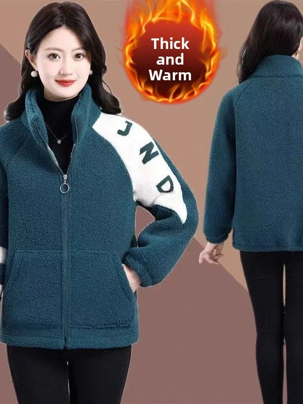 

Thiened Embroidered Sweatirt Warm Faux eepskin Zipper Coat for plus Size Women Autumn Winter New Sle Korean Sle