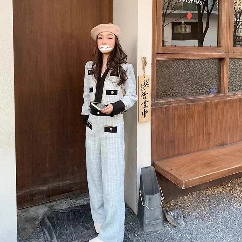 Trendy Coat Wide Leg Pants Set French Spring Autumn Collection 2023 Featuring Luxurious Grey Two Piece Sets Womens Outifits