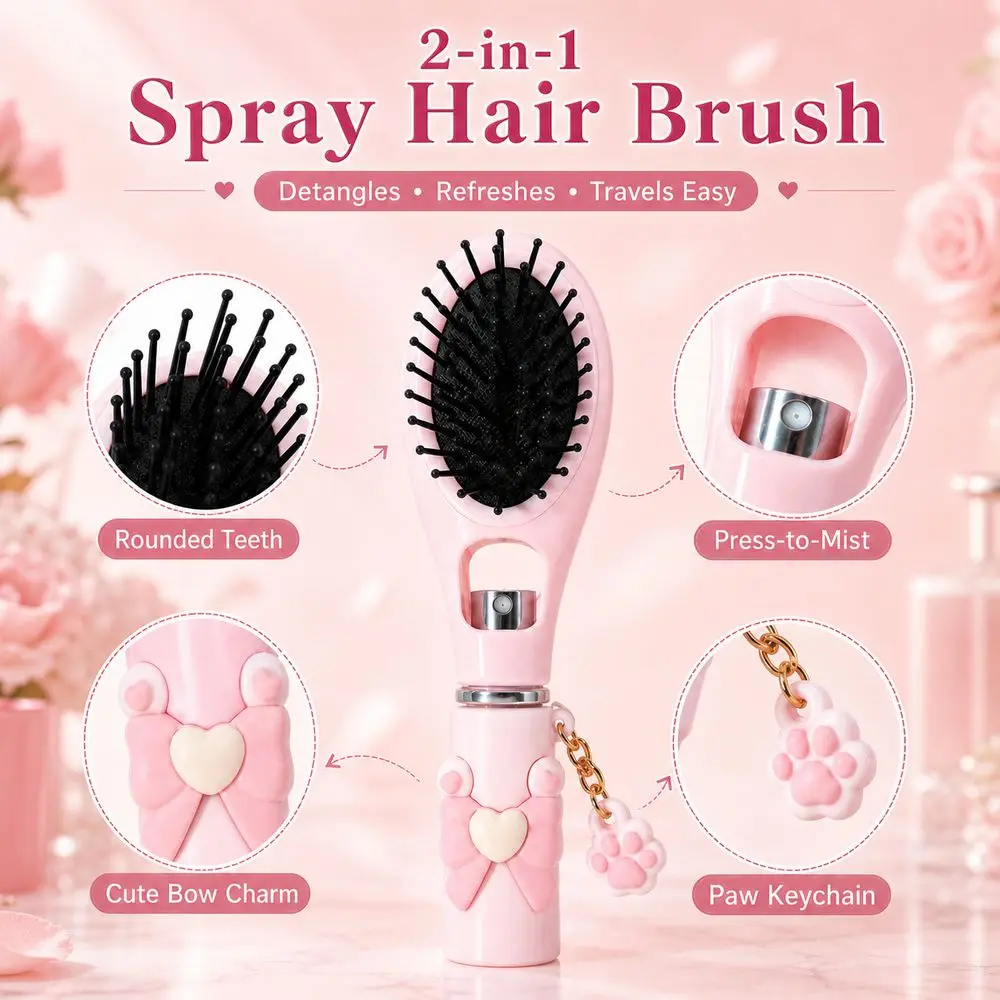 Refillable Spray Misting Hair Brush Anti-Static Anti-Frizz Spray Hair Brush Cat Paw Pendant Spray Massage Comb Daily Hair Care