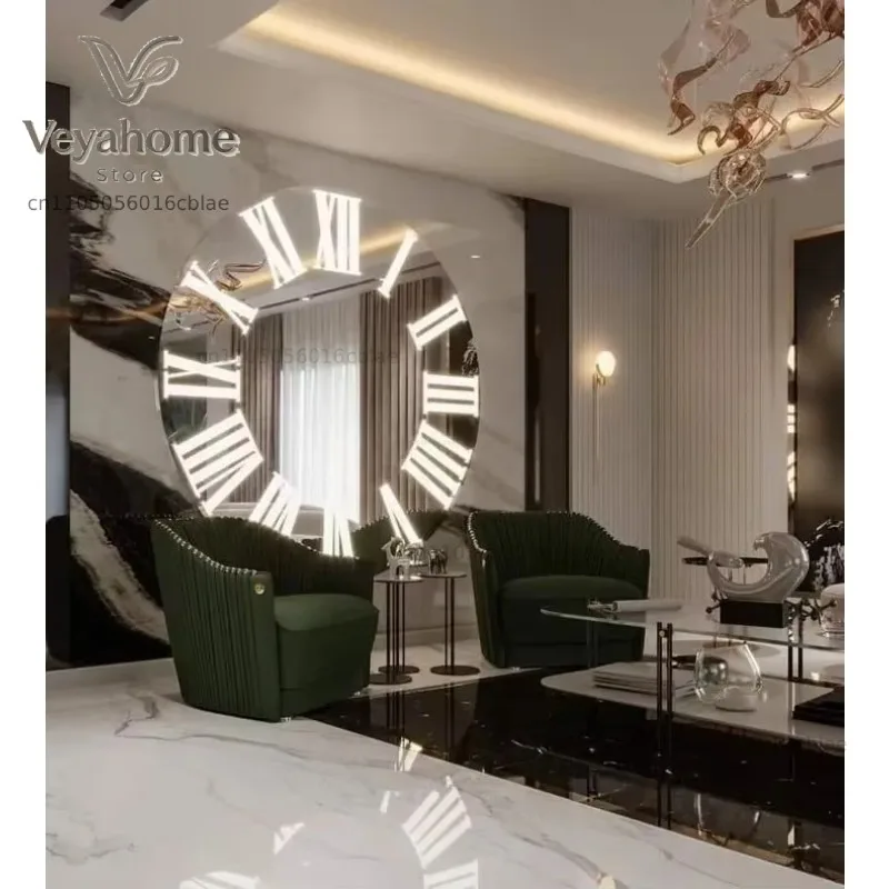 120CM with LED Night Light Living Room Wall Hanging Clock Roman Number Round Luxury for Home Decor Large Watch